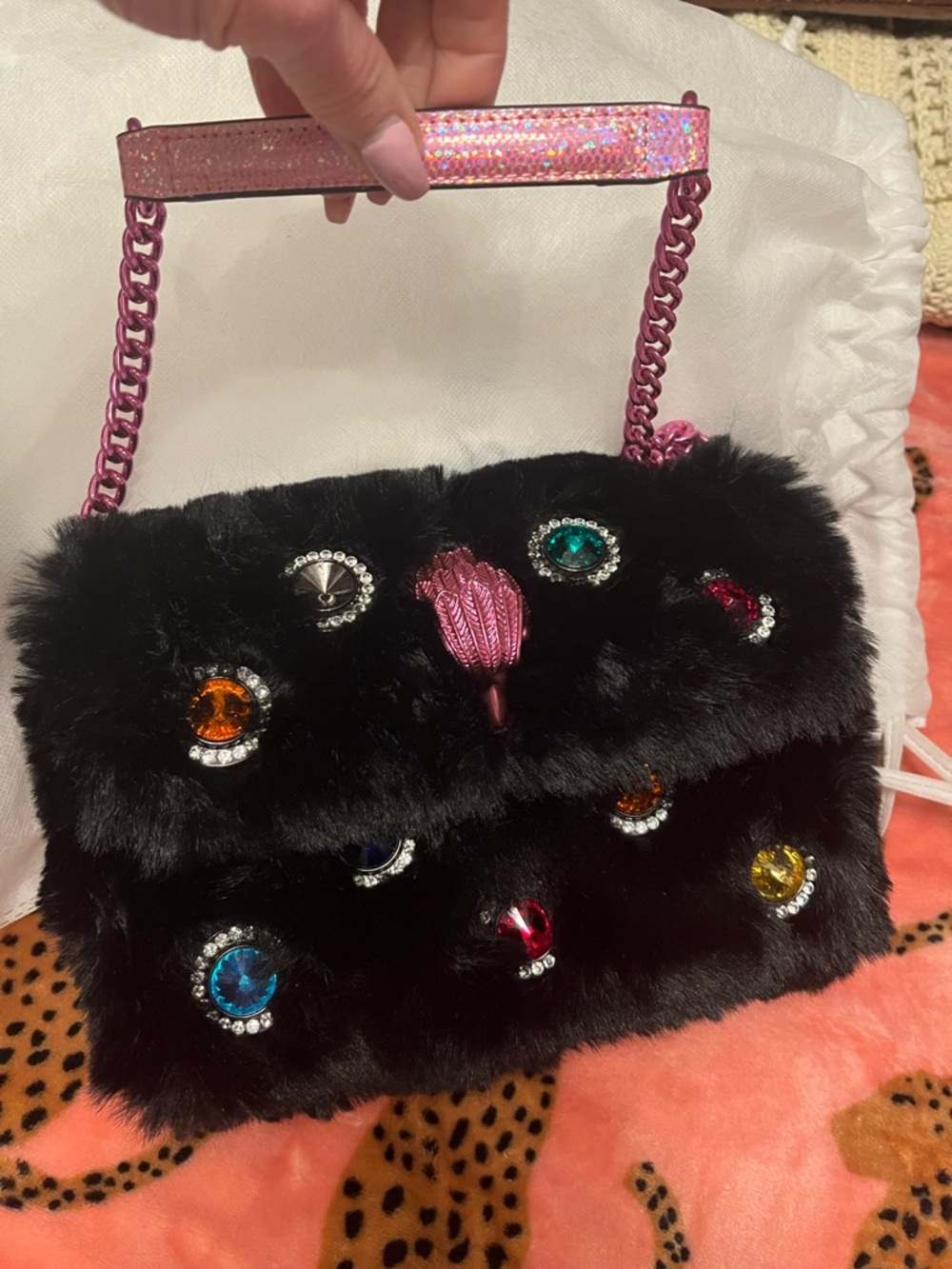 Black Faux Fur Gem-Embellished Shoulder Bag - Pink Chain Handle